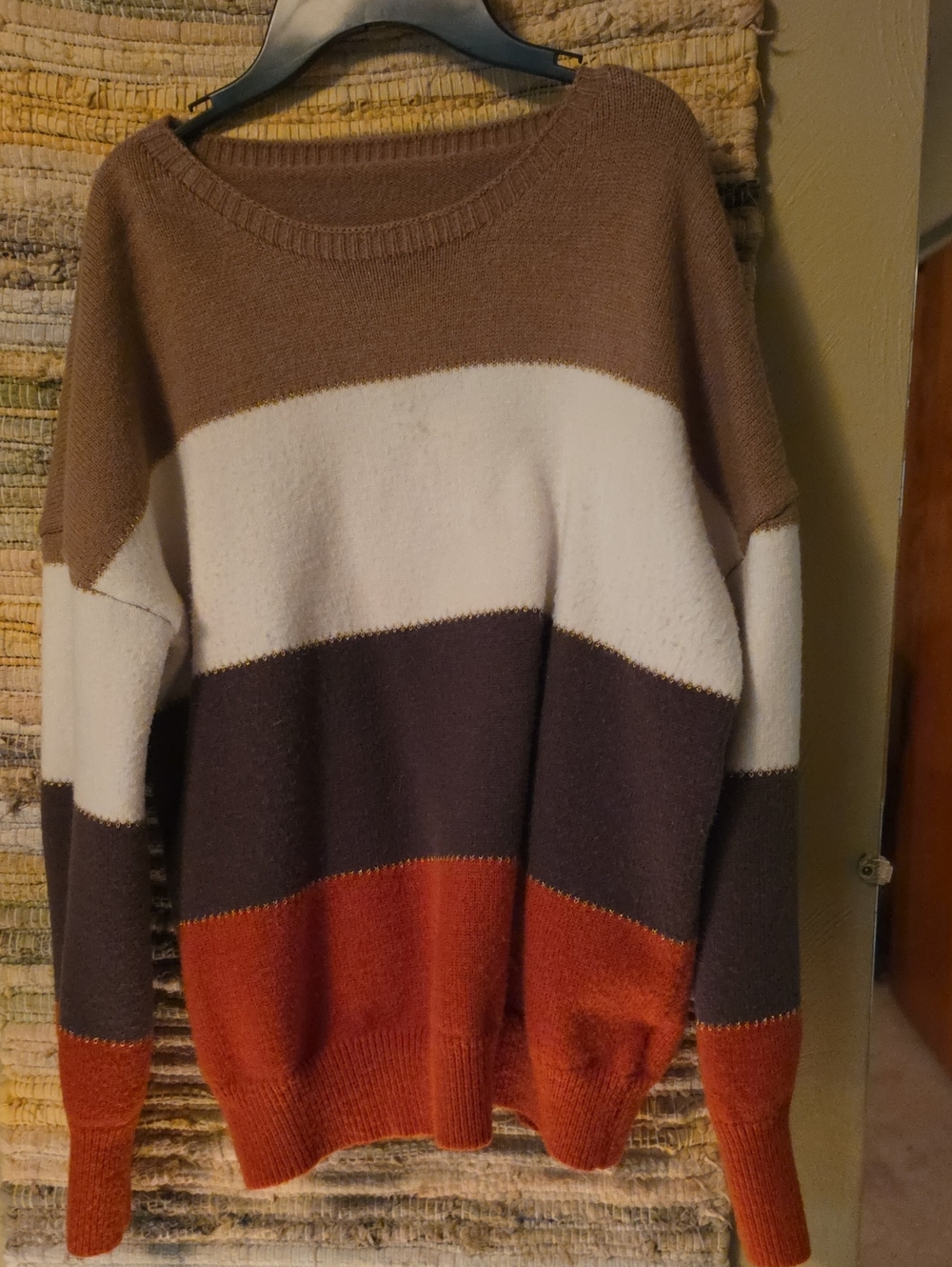 Colorblock Crewneck Sweater - Brown, White, Dark Gray & Rust